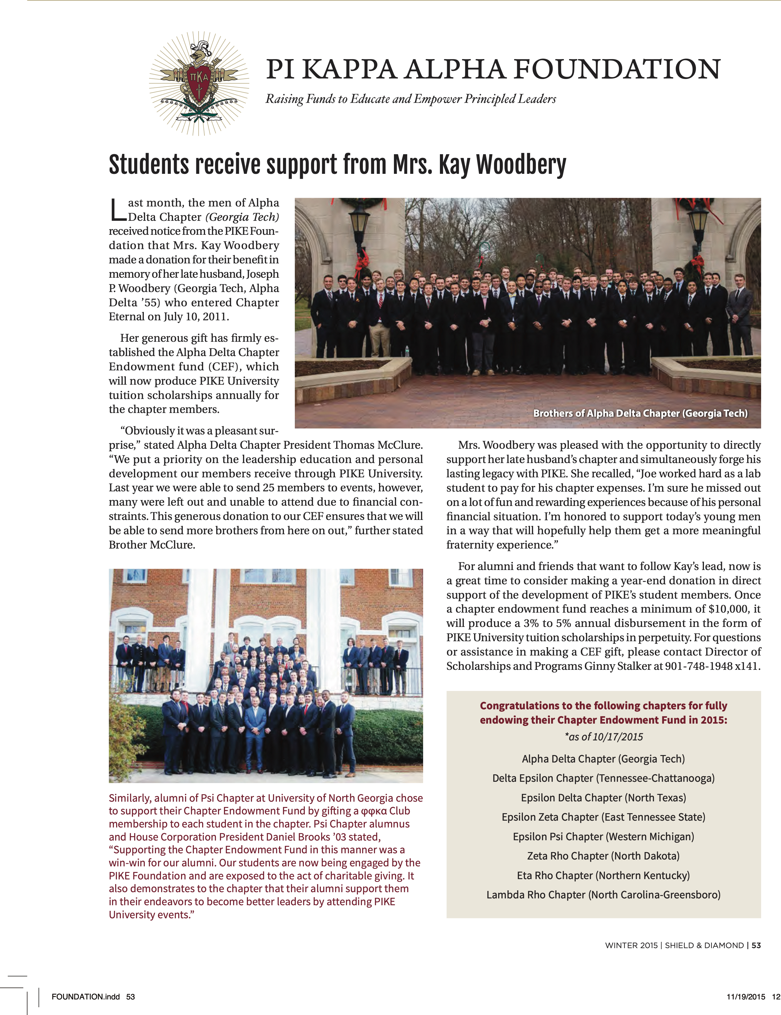 Pi Kappa Alpha Foundation, Continued, Winter 2015